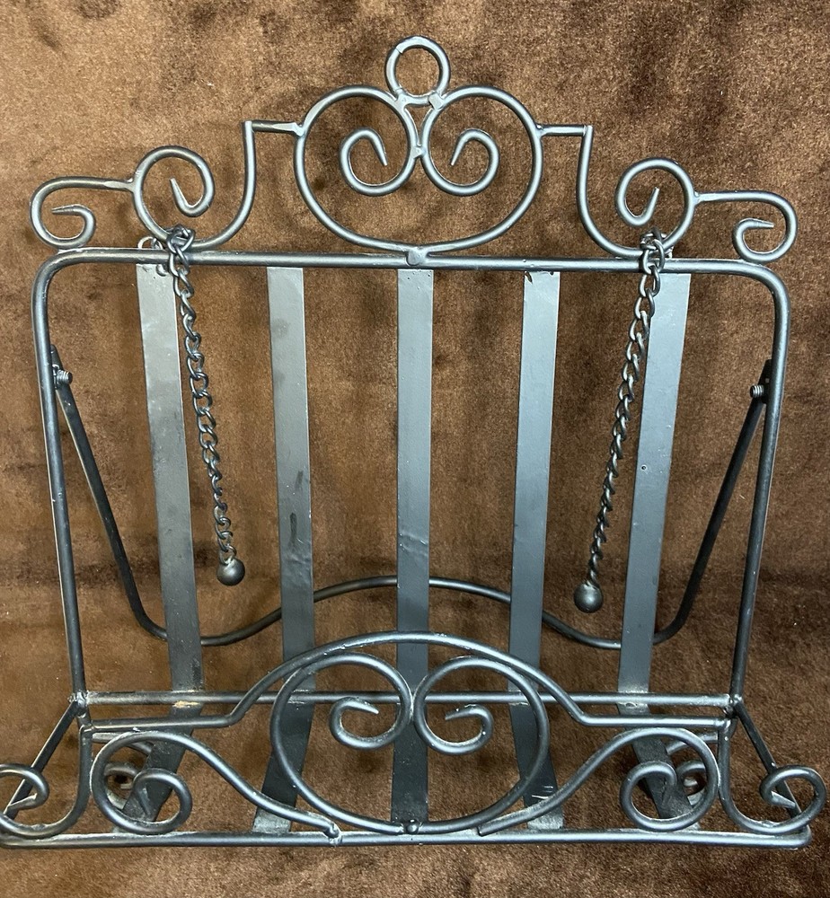 Black Wrought Iron Cookbook Holder Stand Scroll With Page Weights