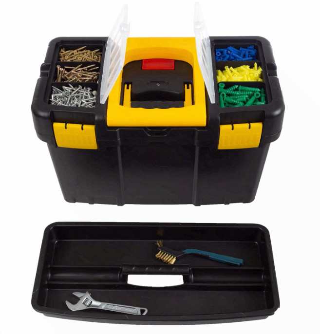 Portable 2-in-1 Tool Box on Wheels, Stackable, Tough Latches & Trays