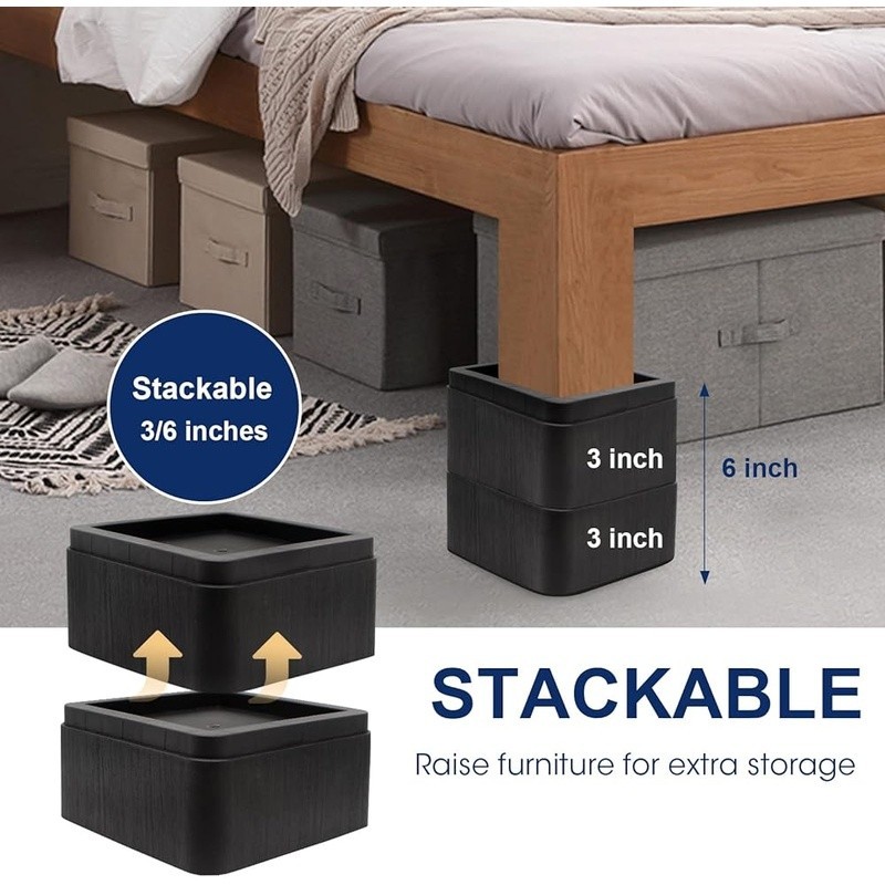Heavy Duty Bed Risers Stackable Furniture Elevation Storage & Easy Cleaning New