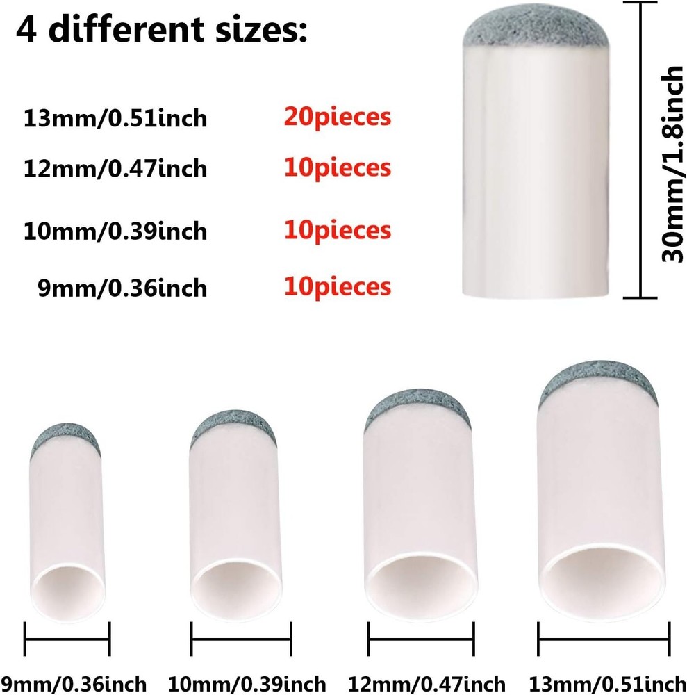 Pool Cue Tips Slip-On 50 Pieces 4 Sizes Leather Plastic Replacement Billiard