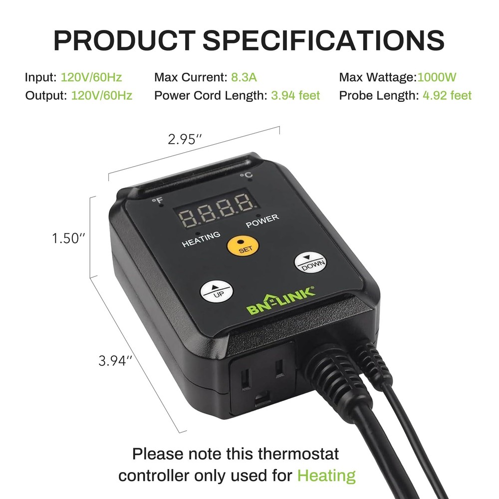 BN-LINK Reptile Thermostat Temperature Controller, Only, Black