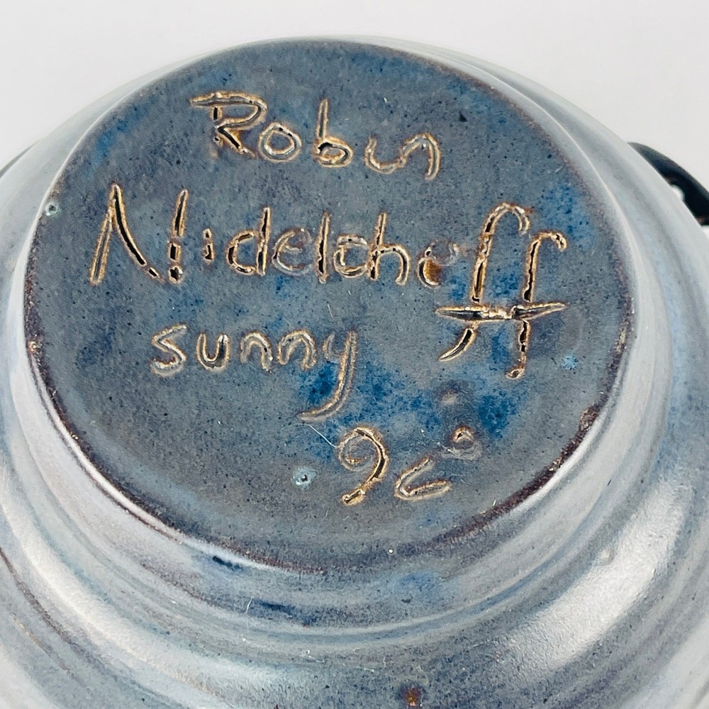 Handmade Unique Pottery Bowl Blue Black 7” Signed