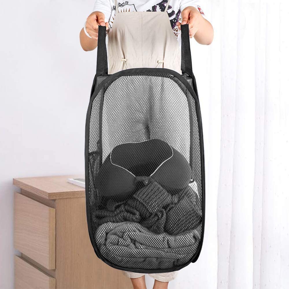 Pop Up Laundry Hampers 2 Pack Black Grey Collapsible Mesh Laundry Baskets