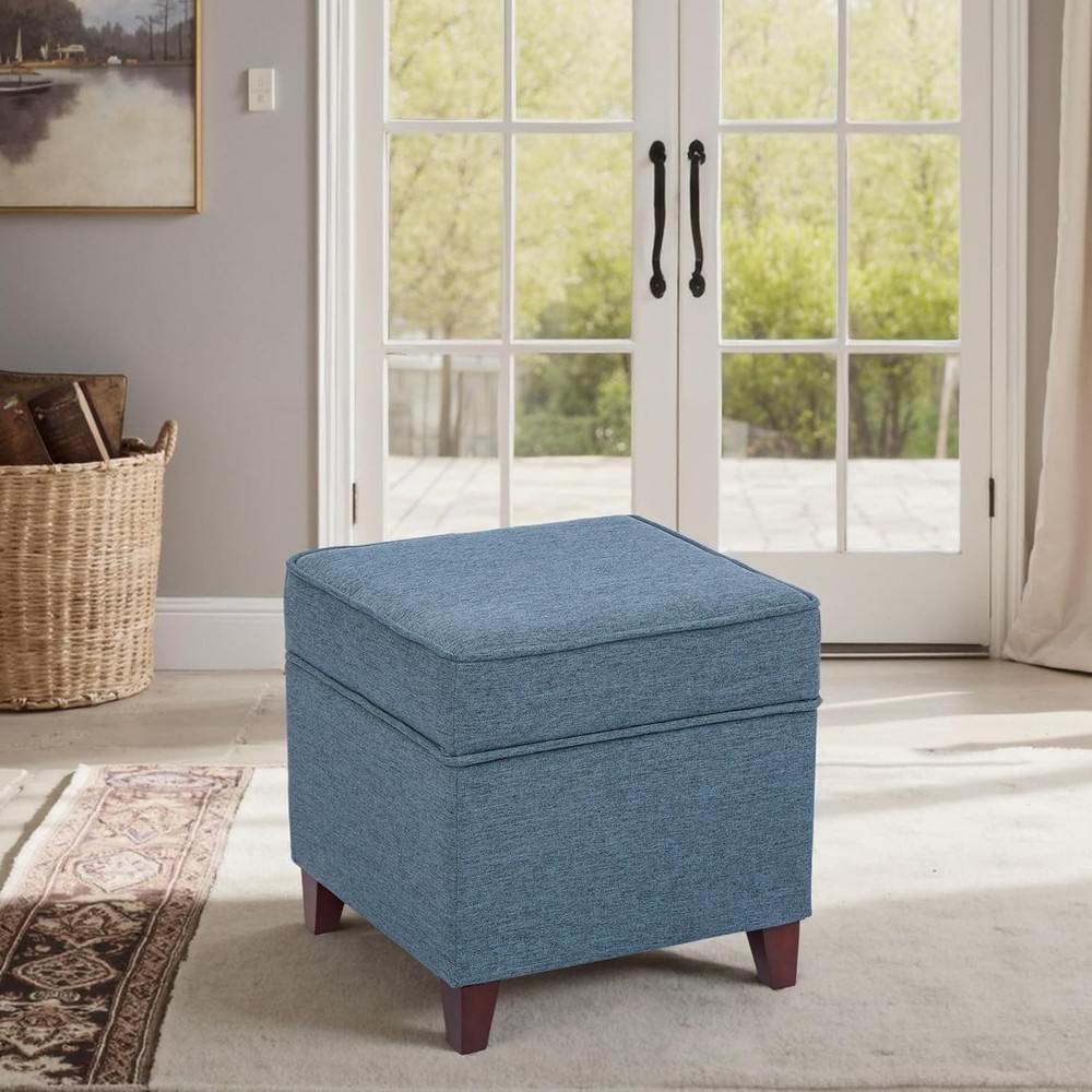 Blue storage bench with hinged lid and solid wood legs, linen-covered footstool