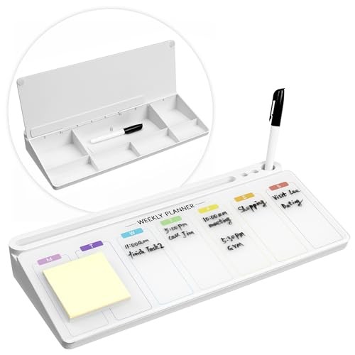 Desktop Weekly Planner Glass Board with Storage Space - White, Weekly Planner