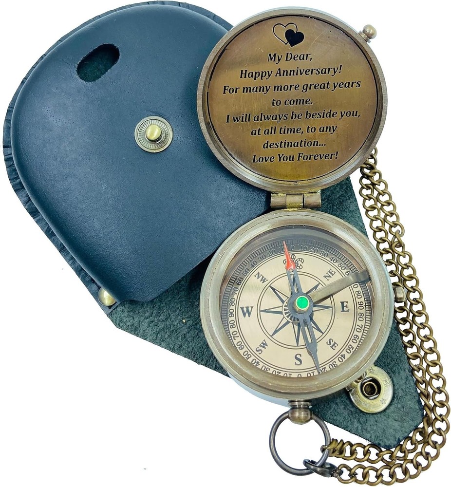 Vintage Brass Compass with Engraved Message, Chain and Leather Case