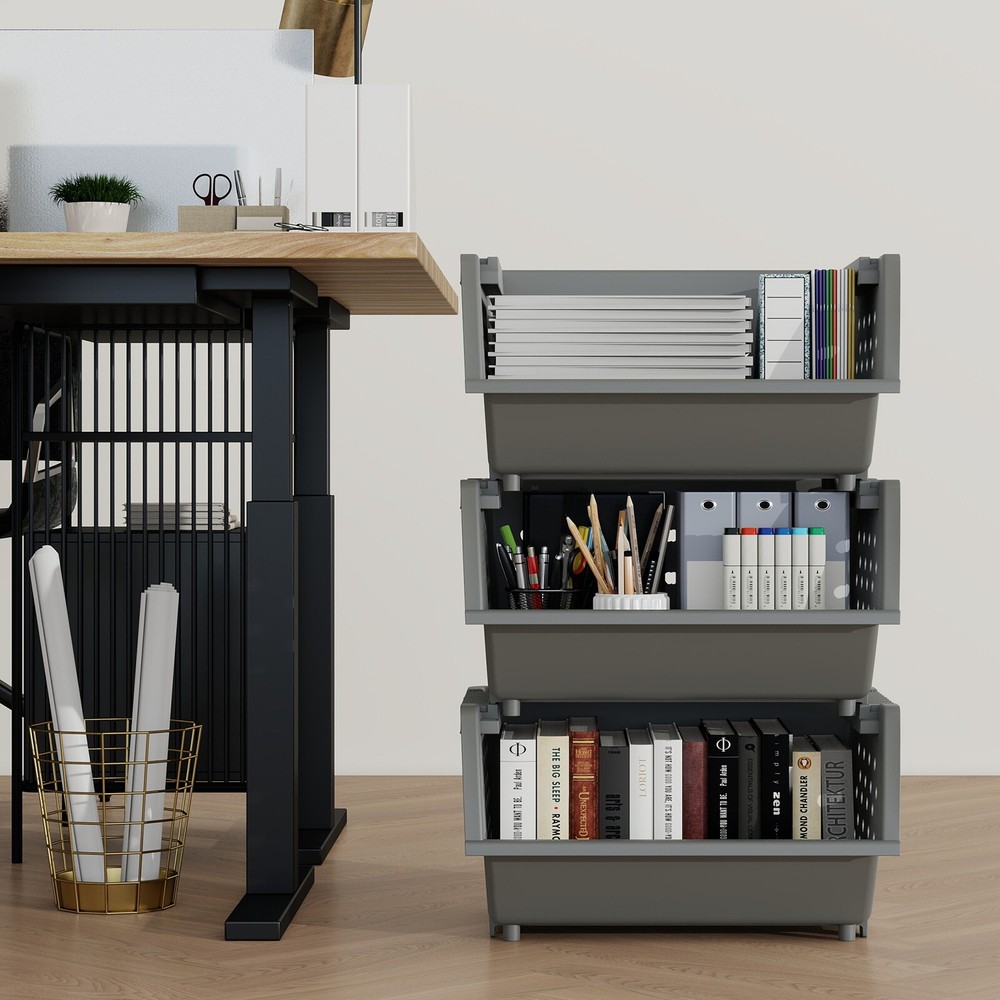 Mayish 4 Packs Plastic Large Stacking Organizer Basket, Gray