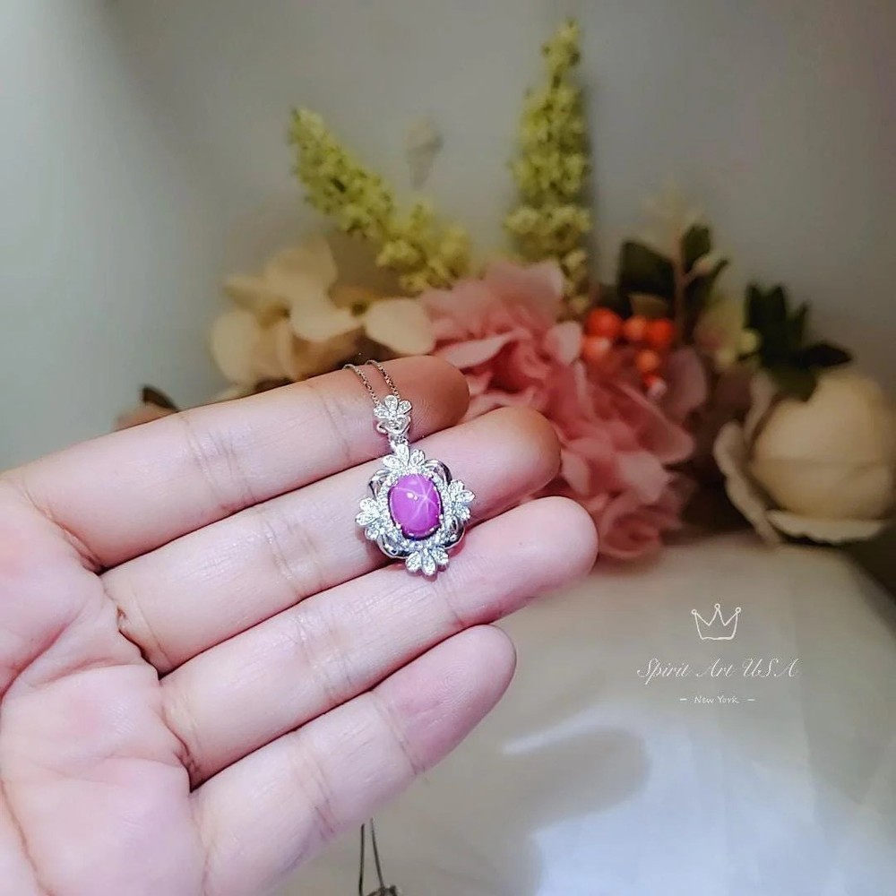 Star Ruby Necklace - Gemstone Royal Flower Ruby Pendant - 18KGP @ Sterling