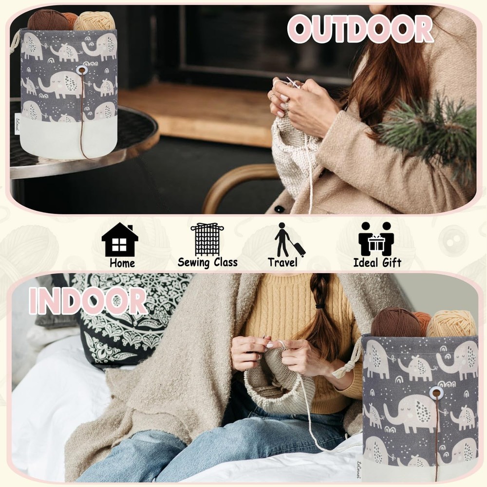 Portable Small Crochet Bag Organizer with Drawstring - Adorable Elephant Design
