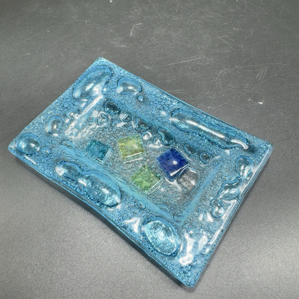 Vintage Hand Made Rectangular Trinket Dish Holder Container Plate Blue Bubbles