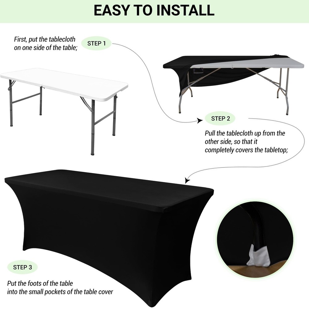 6ft Stretch Black Spandex Table Cloth for Standard Folding Tables - 2 Pack Un...