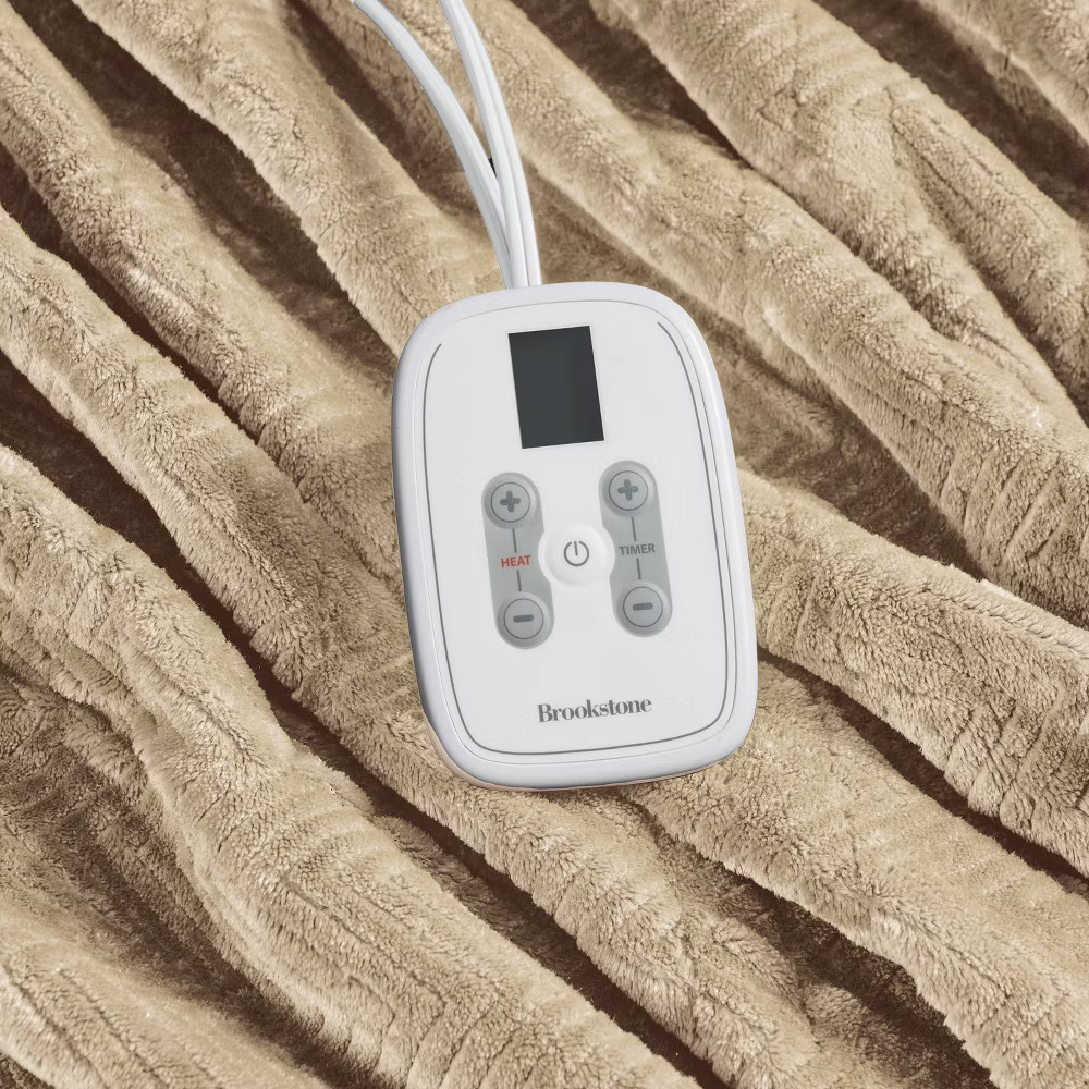 Brookstone Twin Heated Micro Herringbone Blanket Taupe