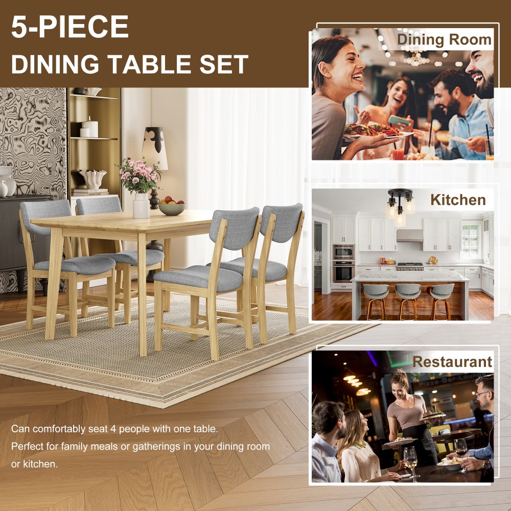 Rustic 5-Piece Dining Set - 1 Solid Wood Table + 4 Upholstered Chairs, Farmhouse