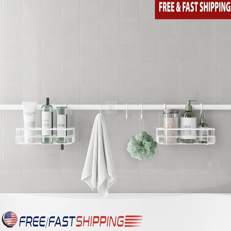 Tension Rod Bath Organizer Caddy Adjustable Storage Baskets Hooks No Tools New