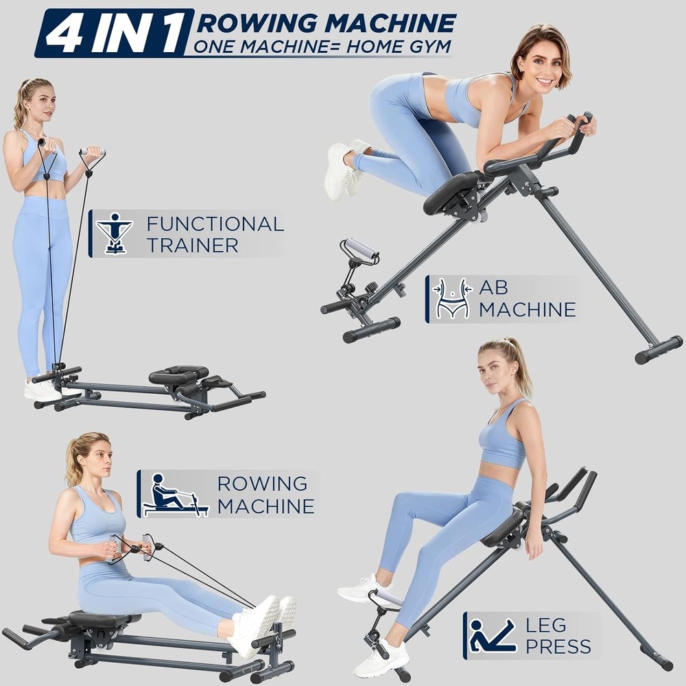 4-in-1 Rowing Machine, Ab Machine – Foldable Full Body Workout Equipment with...