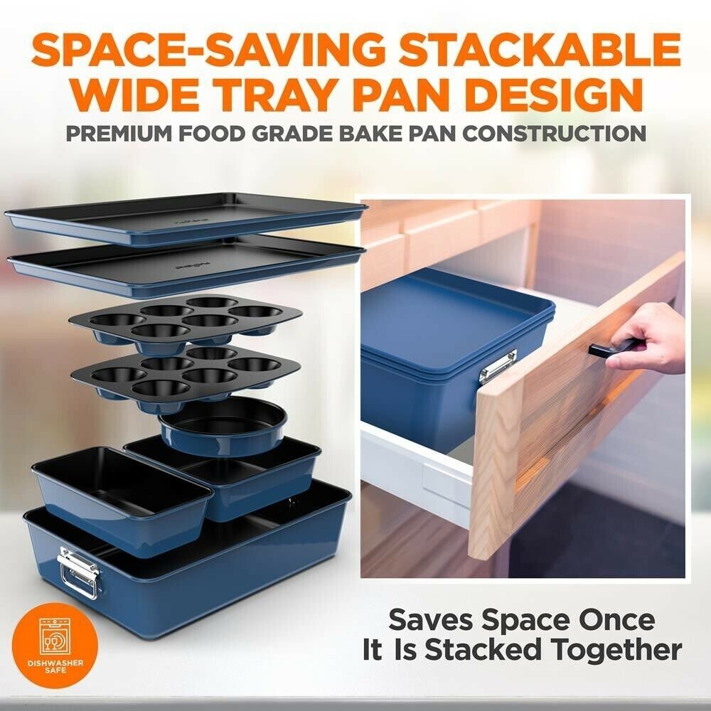 Nutrichef 8pcs. Stackable Carbon Steel Bakeware Sets - Non-Stick Coating (Blue)