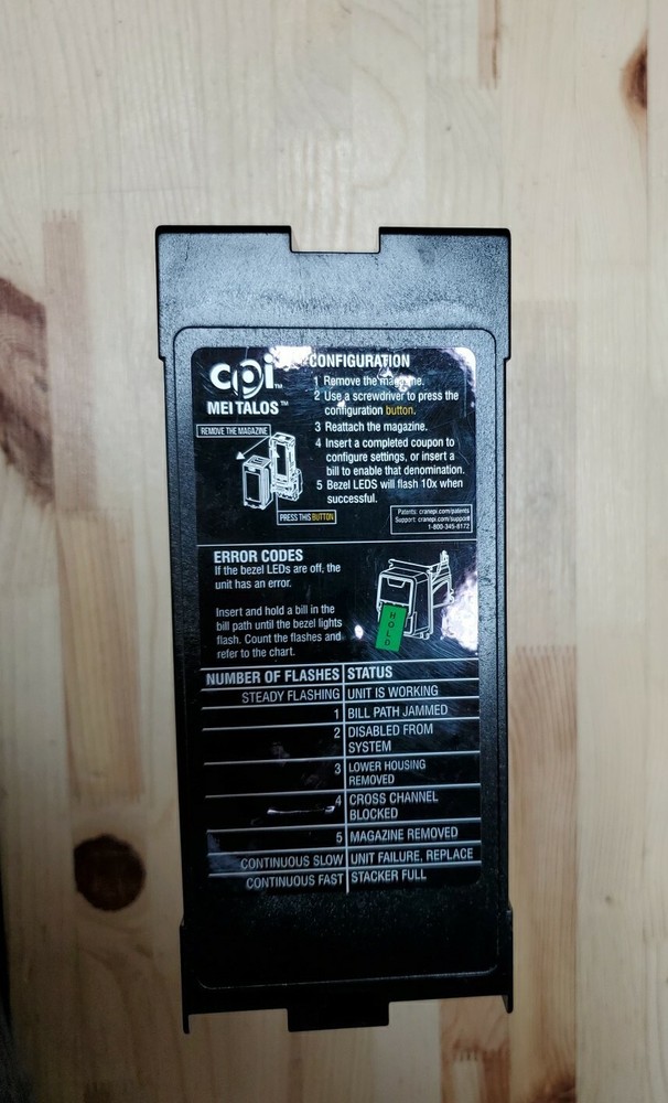 CPI TALOS MEI 1000 note stacker box dollar bill acceptor validator magazine