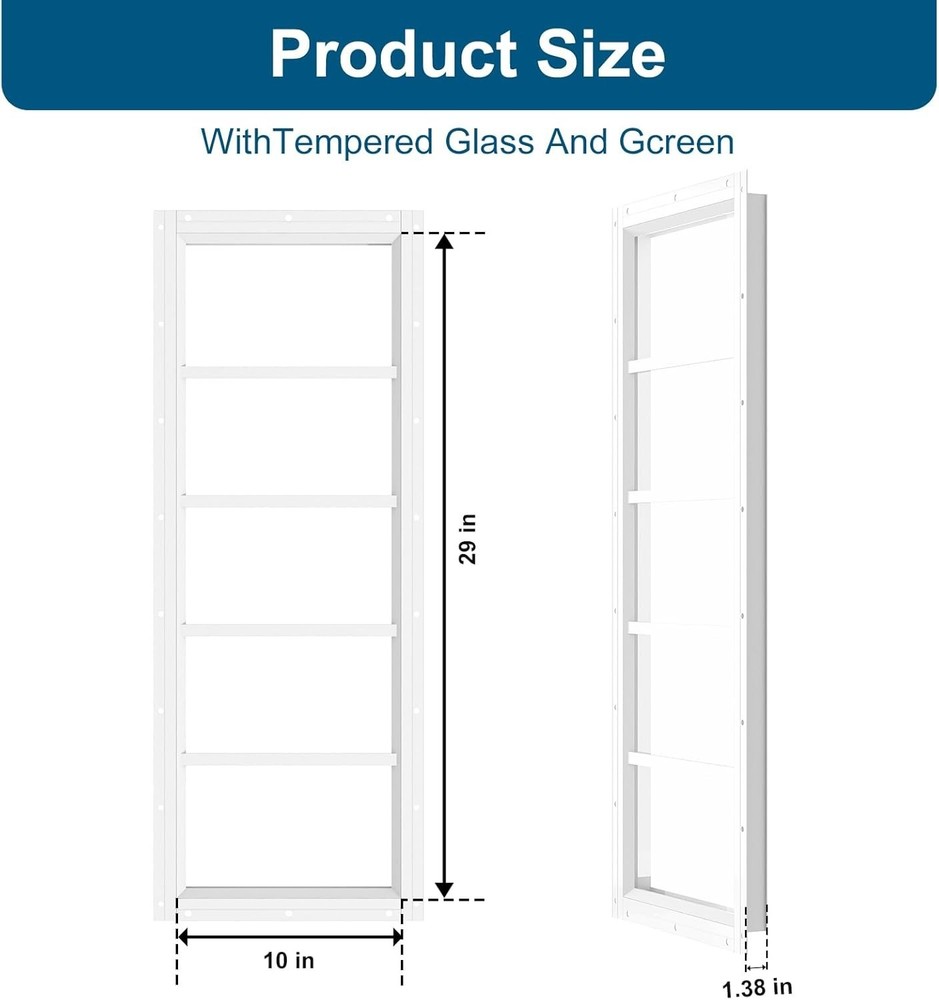 Shed Transom Windows 10''x29'' Flush Mount Tempered Glass Fixed Windows, Smal...