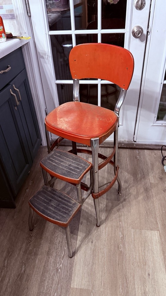 Vintage MCM Red Cosco Kitchen Step Stool Chair Pull Out Steps mid century retro