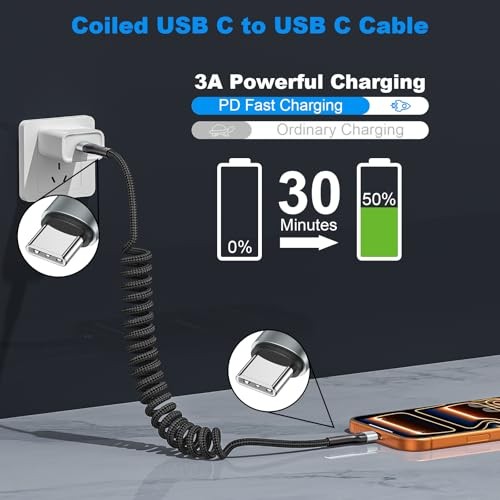 USB C to C Cable 3ft 2Pack Coiled USB C Charger Cable for Car Type C Fast