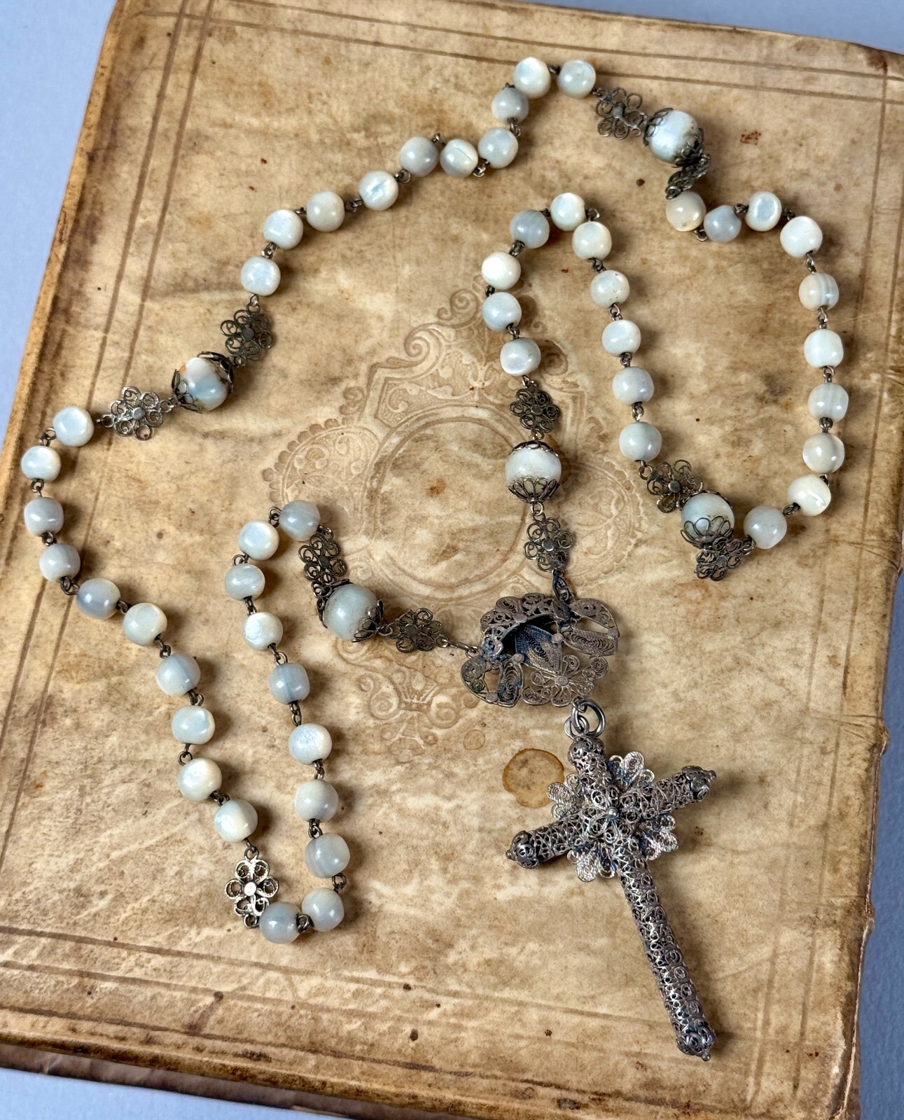 Antique MOP Balamuti Bead Rosary Filigree Silver Cross Crucifix Pendant Necklace