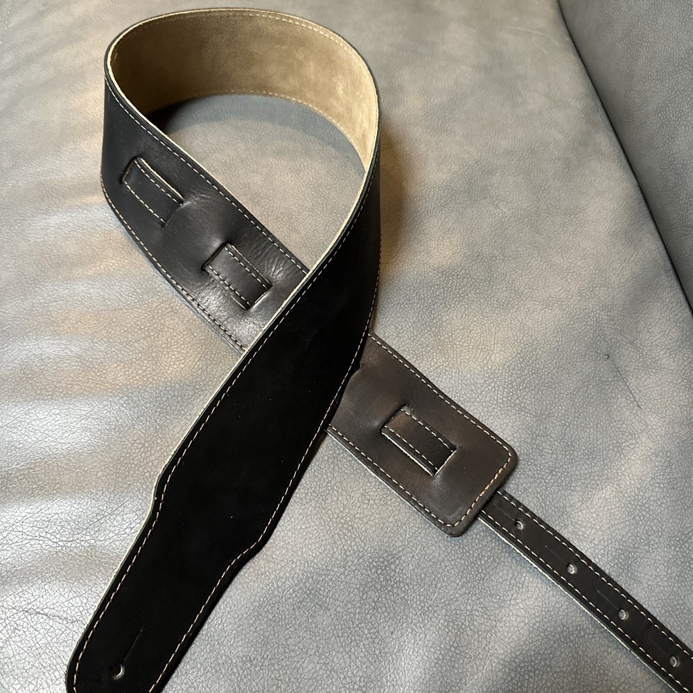 Leather Guitar Strap - Black Glossy-  3’ Wide