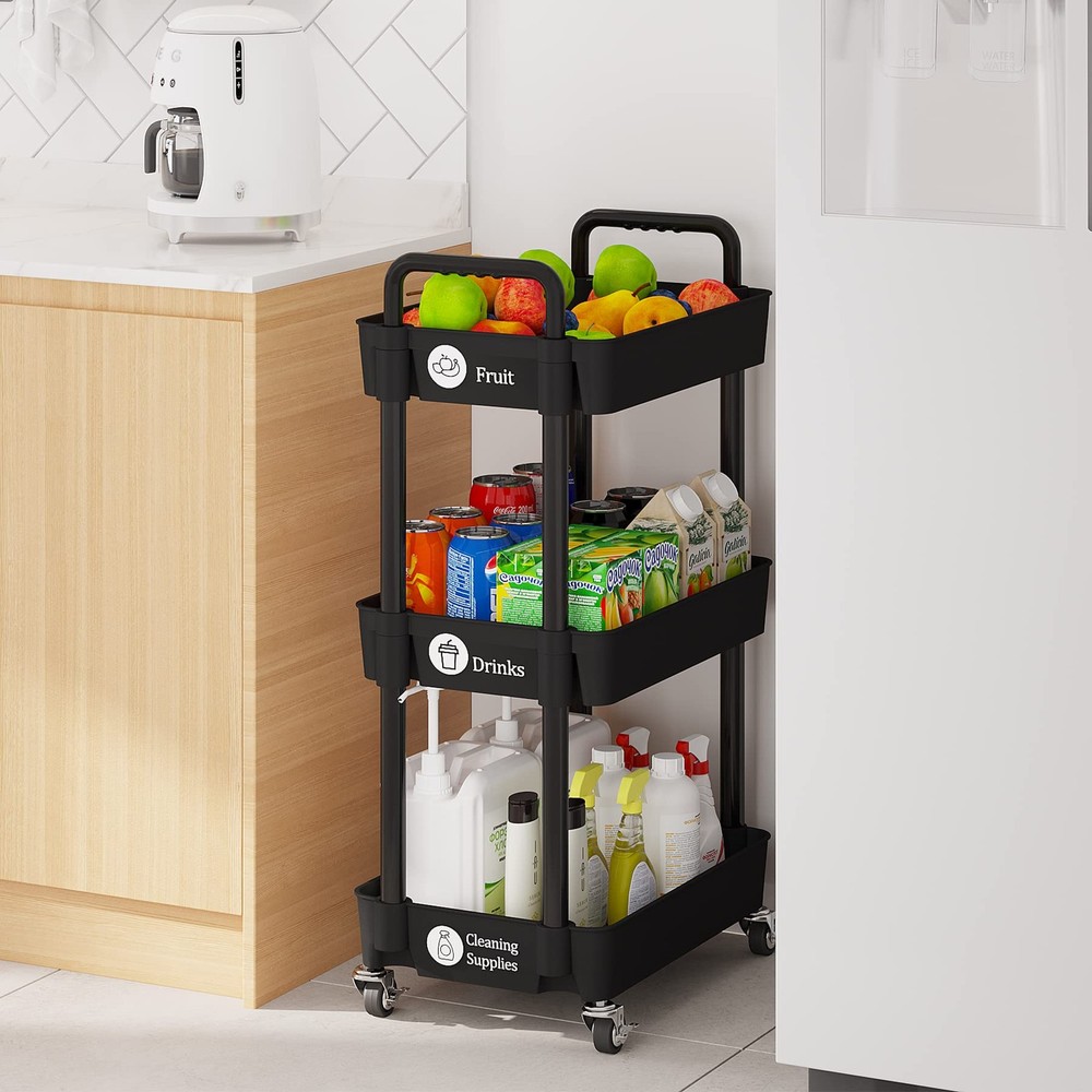3-Tier Storage Carts,Multifunction Utility Rolling Cart Kitchen Storage Organ...