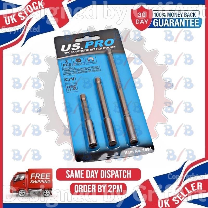 USPRO 3PC MAGNETIC DRILL SCREWDRIVER BIT HOLDER 1/4" HEX DRIVE QUICK CHANGE SET