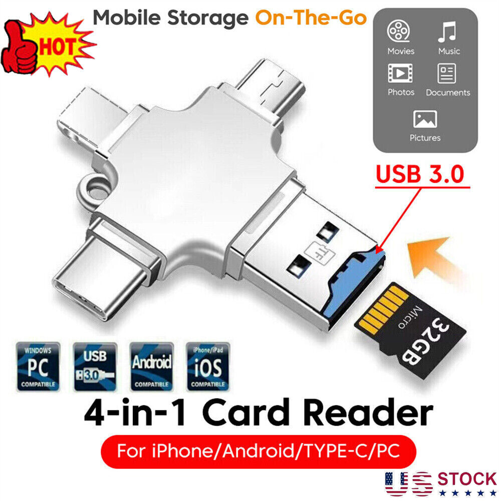 4in1 OTG Adapter iOS Micro Type-C USB Flash TF Card Reader For iPhone Android PC