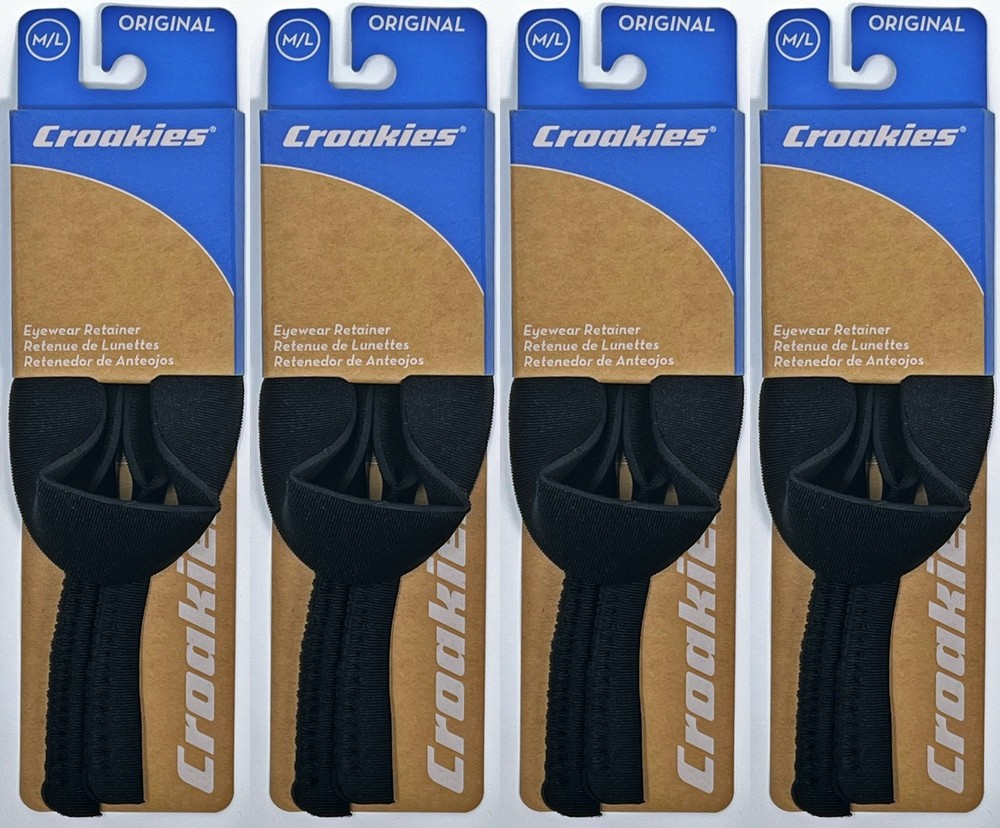 Croakies Original Solid Eyewear Retainer, M/L 11-17mm - Black (4-Pack)