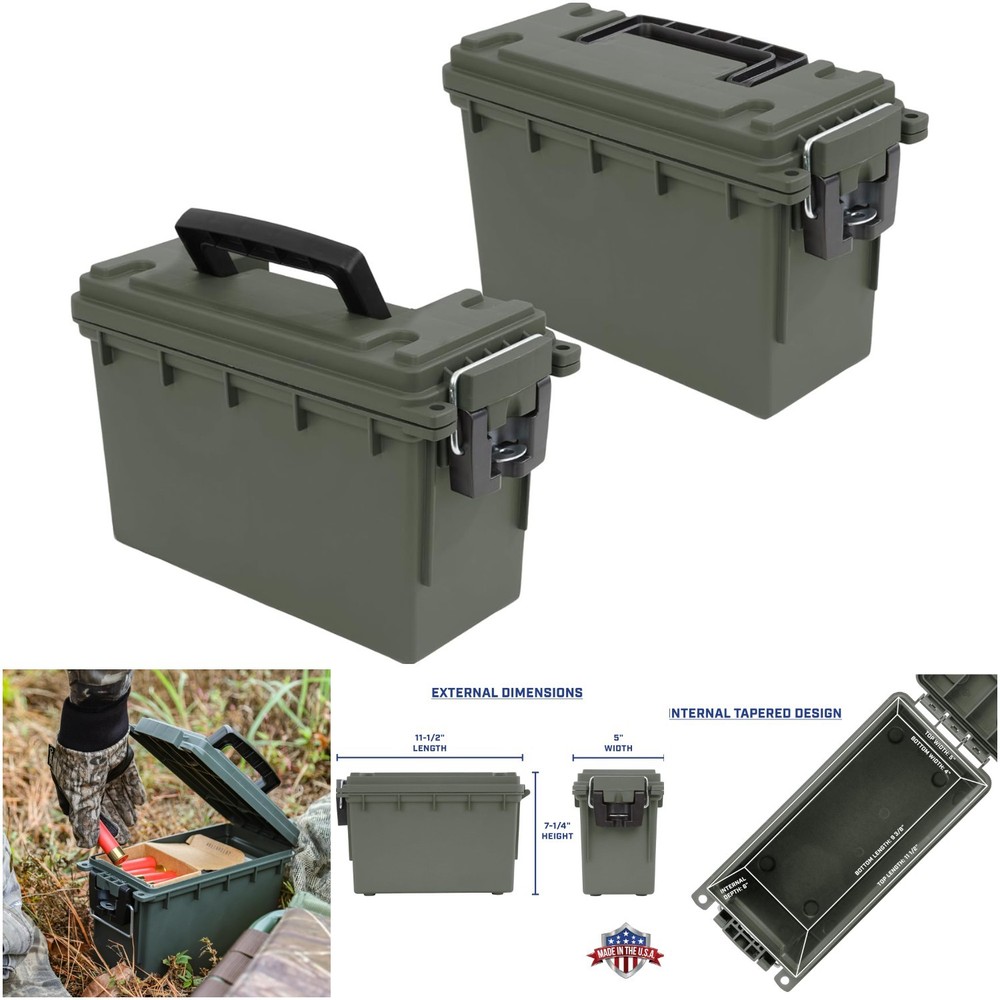 30 Cal Ammo Storage Box 2-Pack Stackable Water Dust Resistant Green Handle