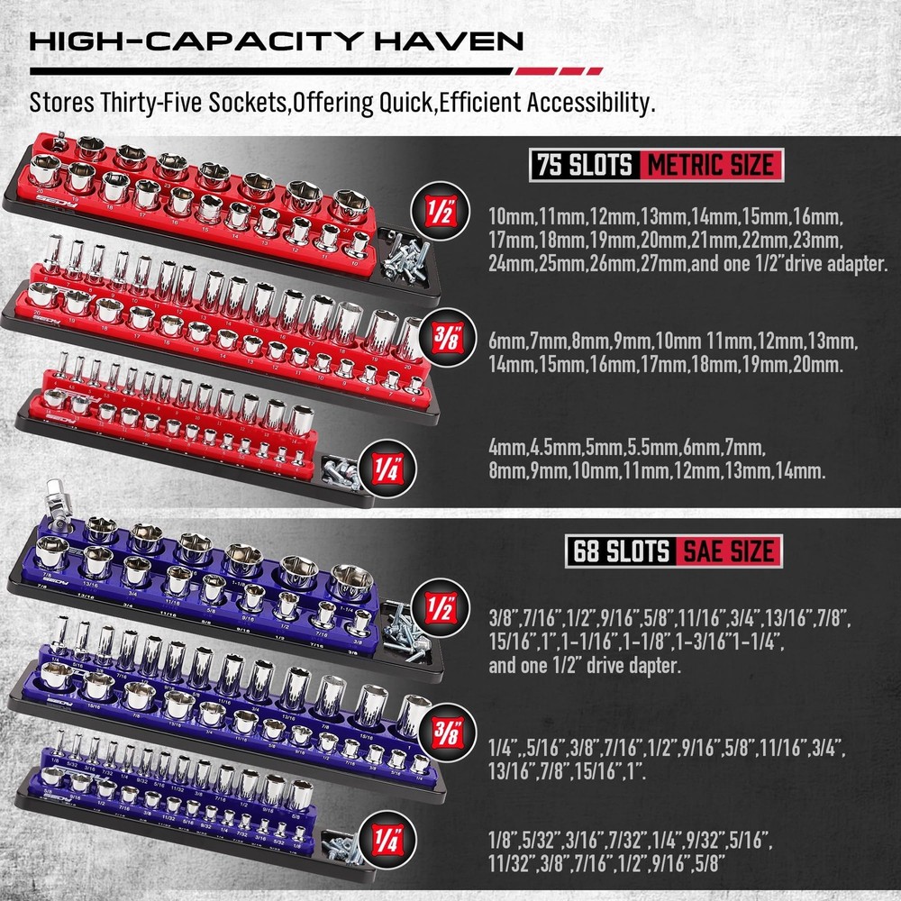 6-Piece Magnetic Socket Organizer Set for Easy Tool Box Storage