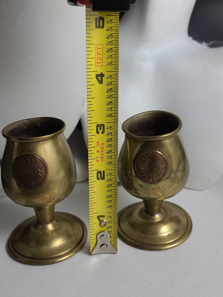 Vintage Pair Aztec Mini Goblets brass bronze