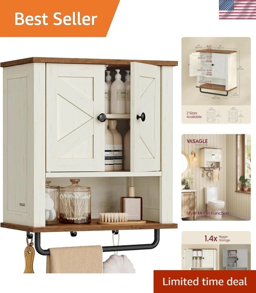 LIRY Rustic White Bathroom Wall Cabinet - 2 Barn Doors, Adjustable Shelf