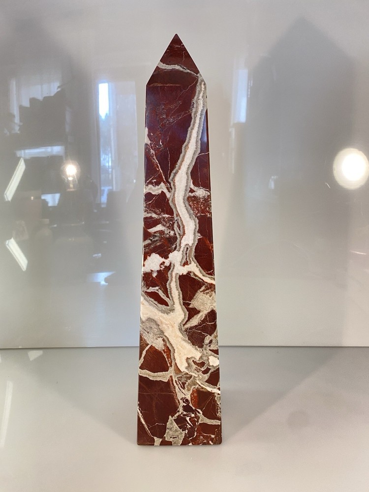Decorative Oversized Rosso Levanto Marble Natural Stone Solid Obelisk 18” Tall