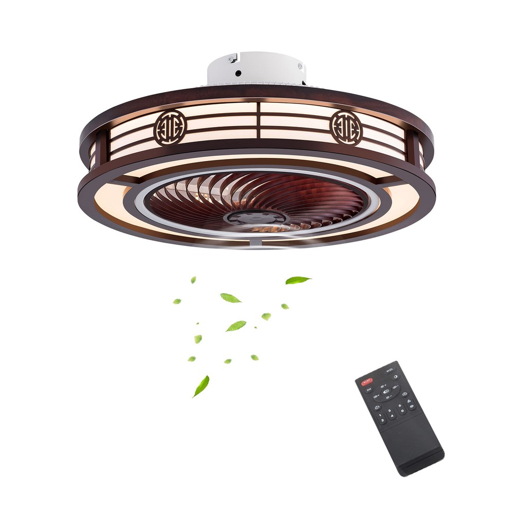 Caged Low Profile Ceiling Fan with Remote Control - Neo-Chinese Design