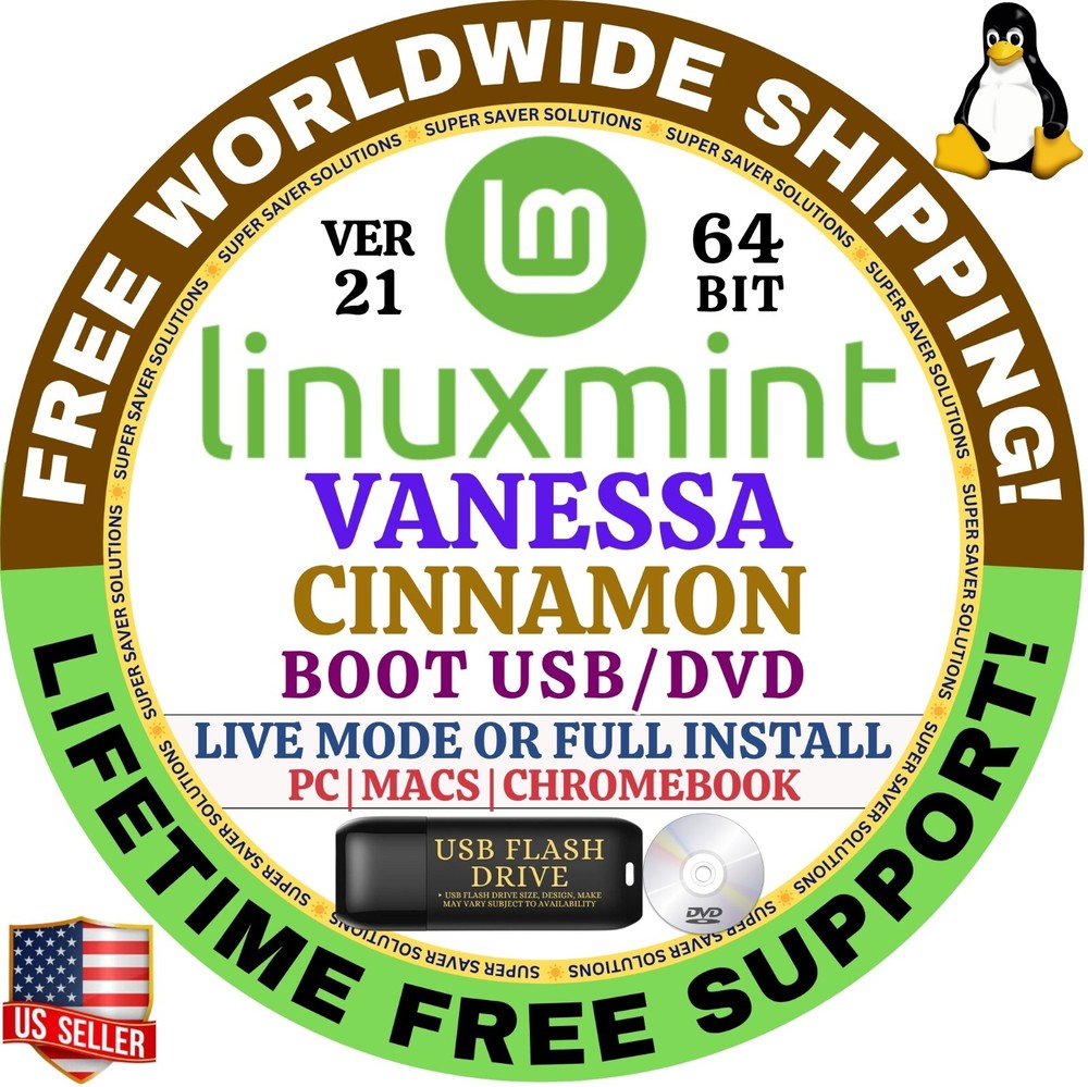 Linux MINT 21 USB VANESSA Cinnamon 64-Bit Live Boot, Full Install for MAC, PC