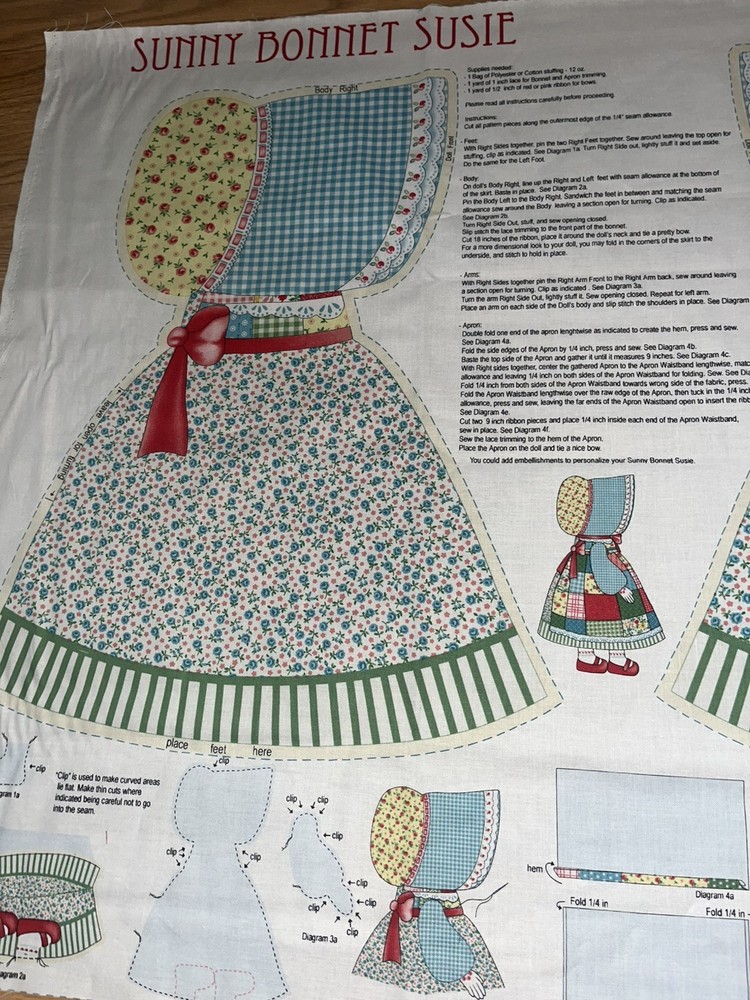 Benartex Sunny Bonnet Susie Doll Fabric Panel Sewing Pattern