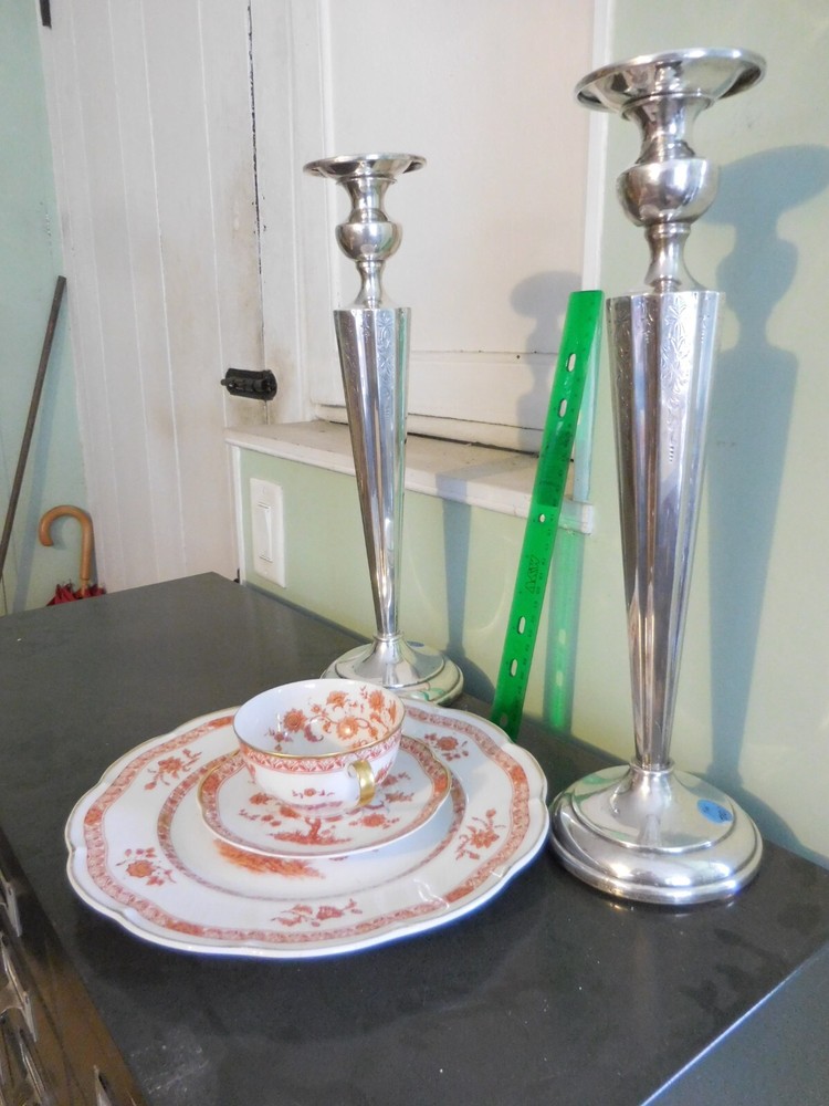 IMPRESSIVE PAIR STERLING SILVER CANDLESTICKS 15" ENGRAVED & FLUTED NO MONOGRAM