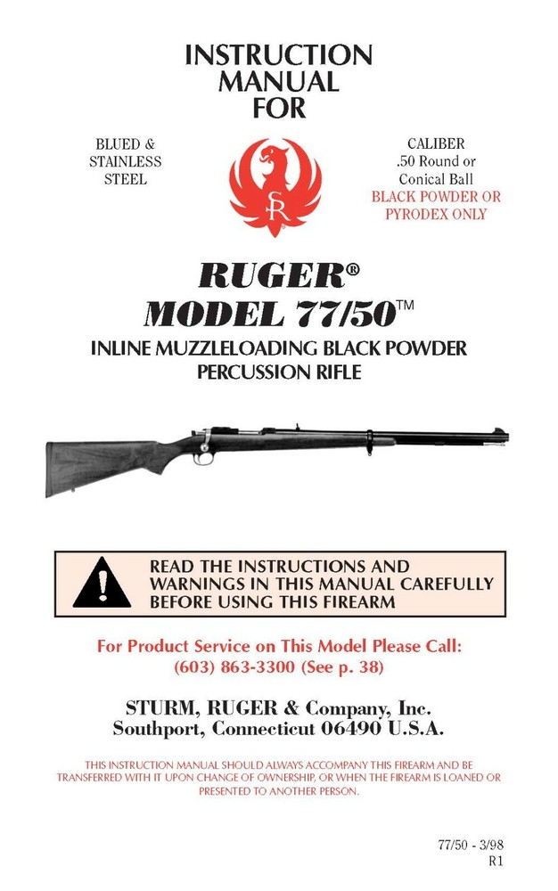 Ruger Model 77/50 Inline Muzzeloading Black Powder Percussion Rifle Manual
