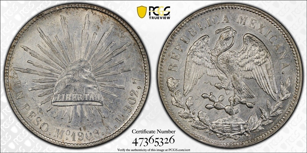 1908 Mo AM Mexico Silver Peso PCGS AU Details