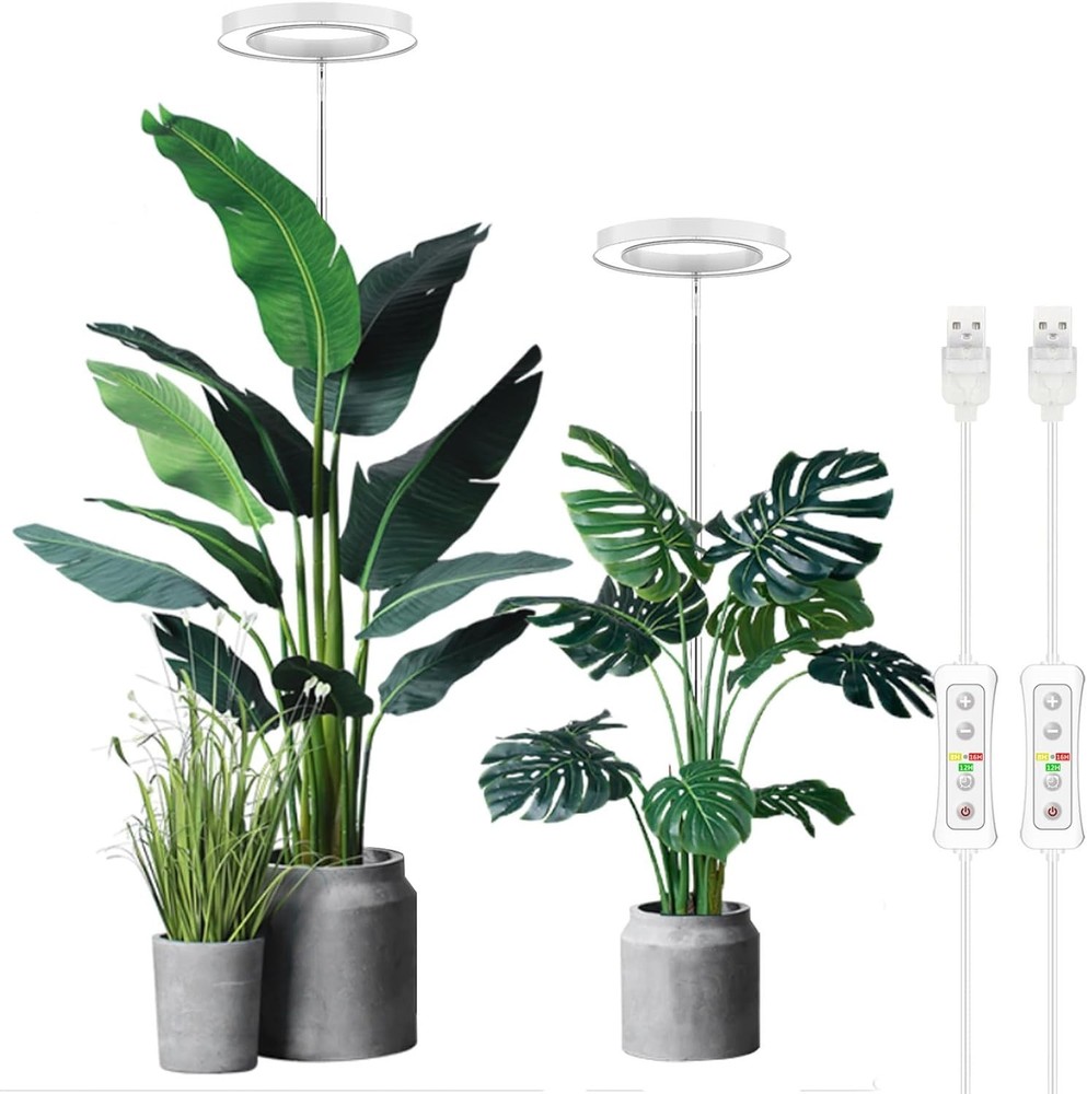 Height Adjustable Indoor Plant Grow Light with Timer - Dimmable LED 2 Pack
