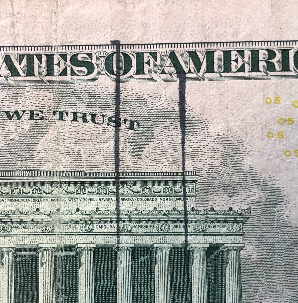 2013 Federal Reserve Note Double Ink Line on Back ERROR $5 Five Dollar Bill