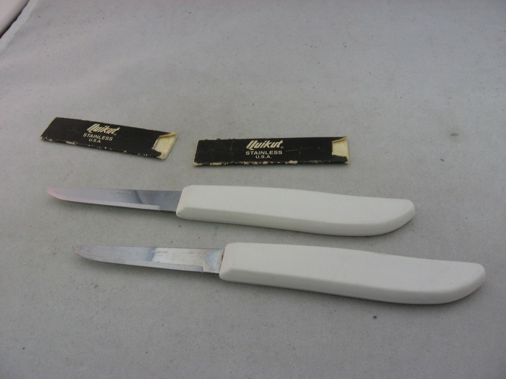 2 Two Vintage White Handle Quikut Kitchen Knives ~ Nice Condition~