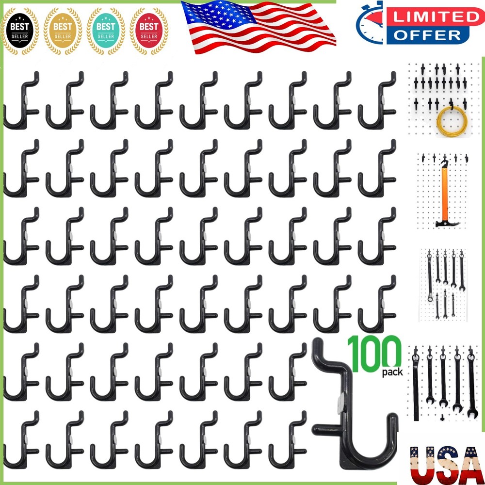 100-Piece Black Pegboard Hooks Kit - Durable J Hook Assortment for Storage