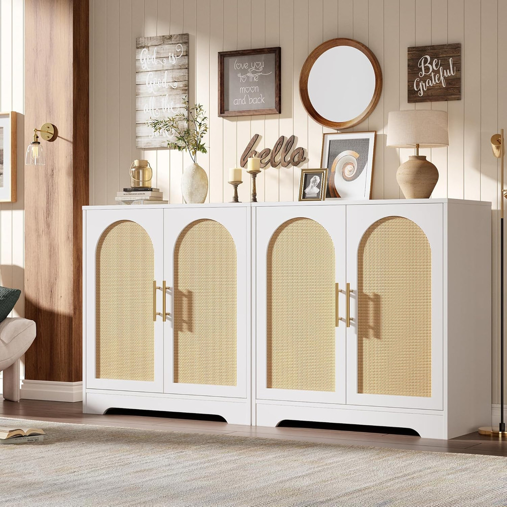 30" White Sideboard Buffet Cabinet with Rattan Doors & Large Storage Console