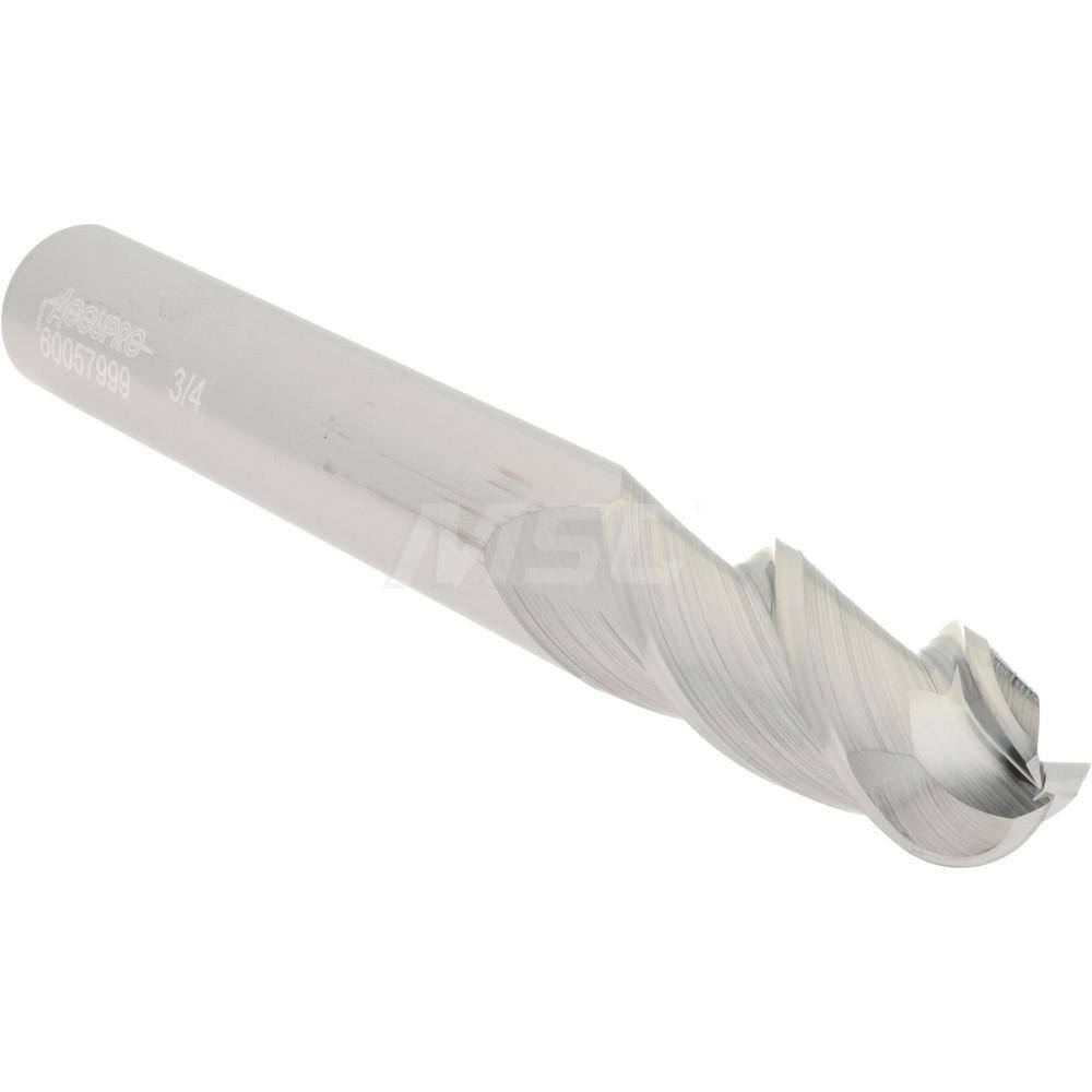 Accupro 3/4" Diam, 2" LOC, 3 Flute Solid Carbide Ball End Mill Uncoated, Sing...