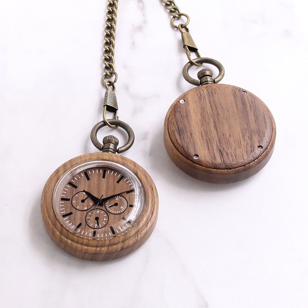 Unique Walnut Wood Pocket Watch with Watch Chain Git to Him Her