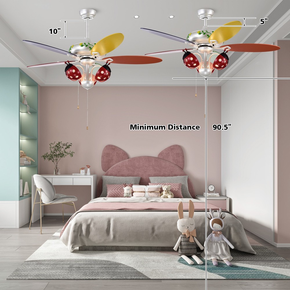 52" Ceiling Fan w/Light Kids Fan Light w/Pull Chain Control Beetle Multicolor