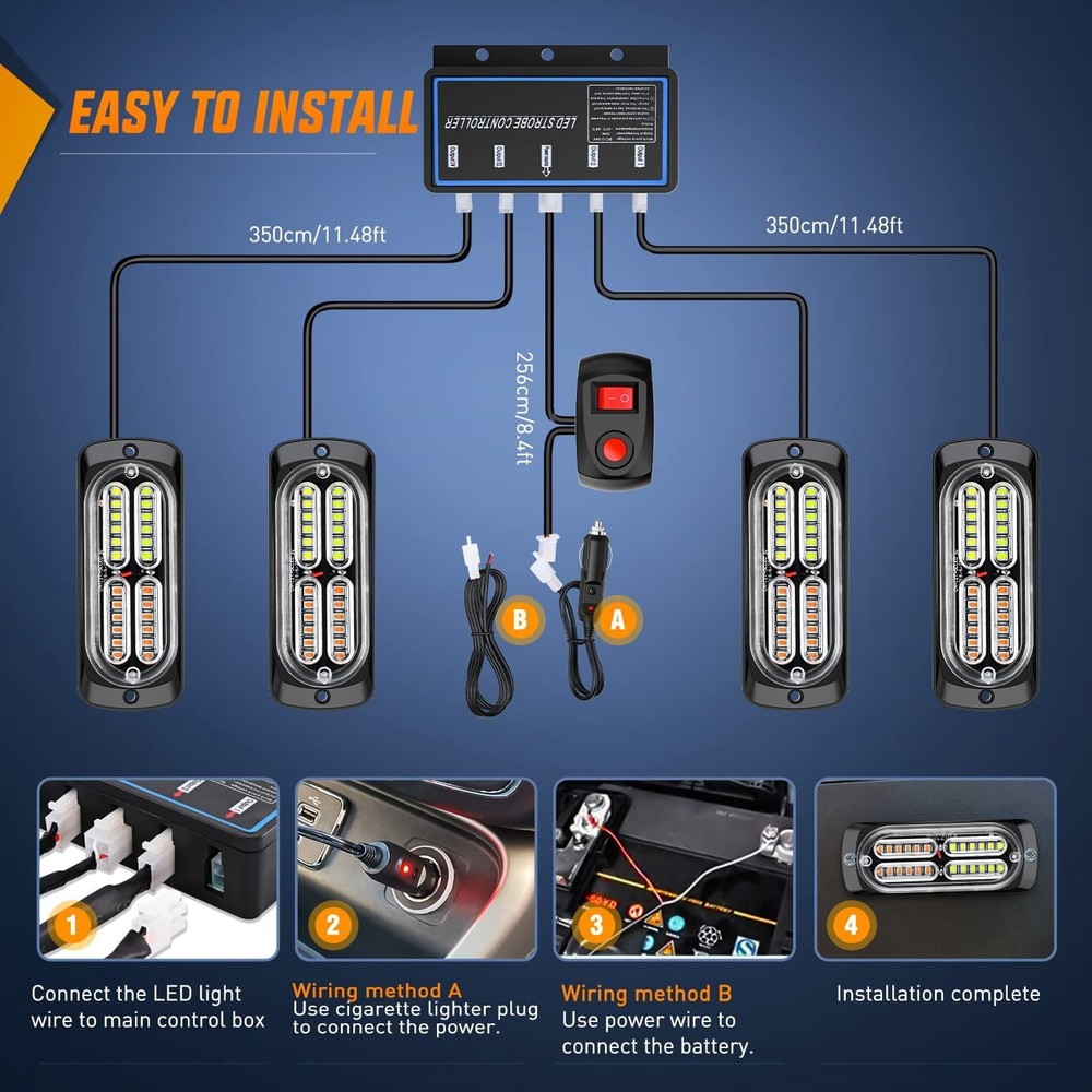 12-24V 24 LED Bright White Sync Feature Emergency Hazard Warning Strobe Lights